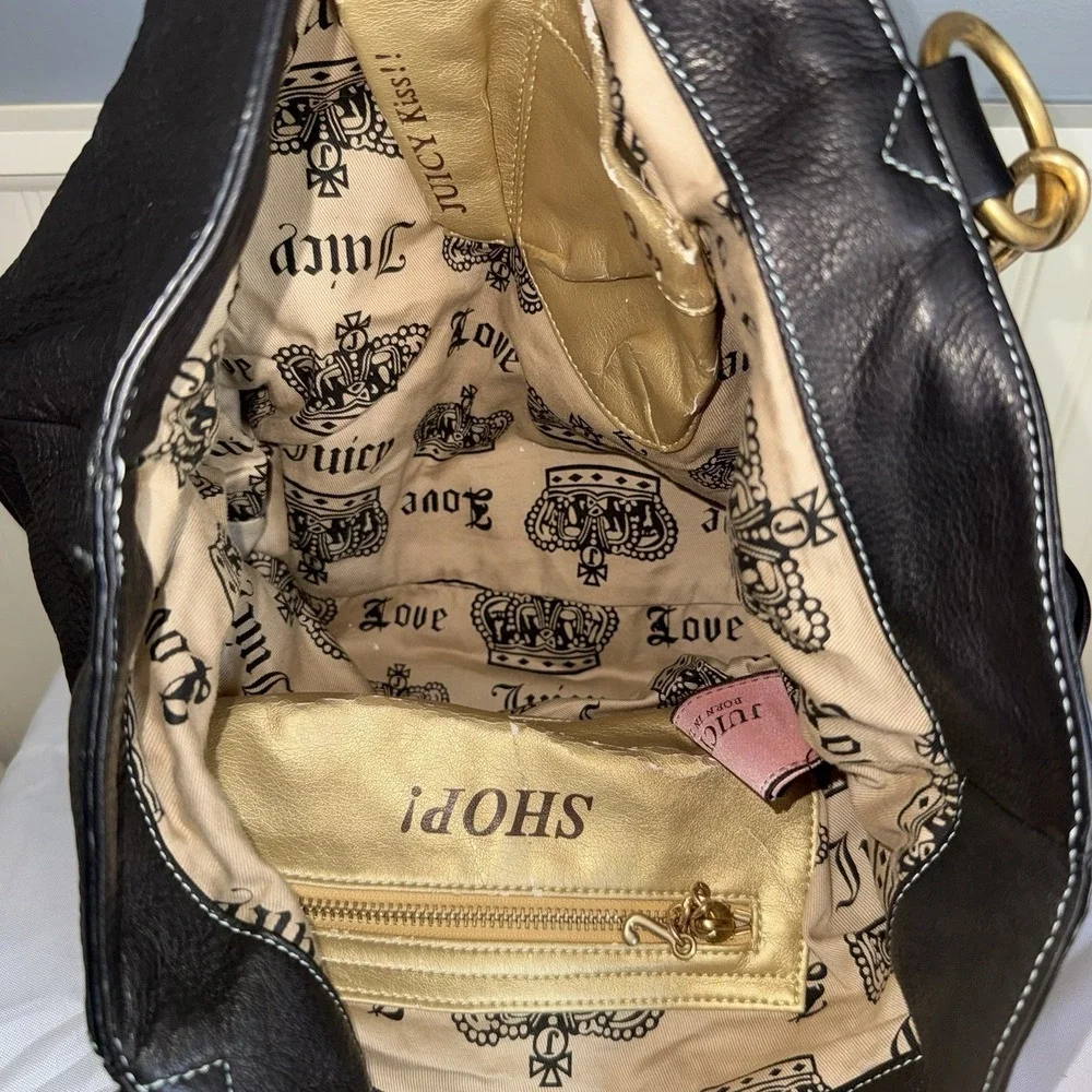 VINTAGE JUICY COUTURE Black Leather Hobo Tote Shoulder Bag Handbag Purse Dustbag